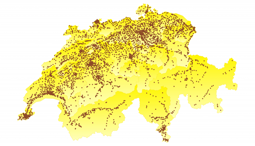 Die Karte zeigt die Volksschul-Standorte der Schweiz.